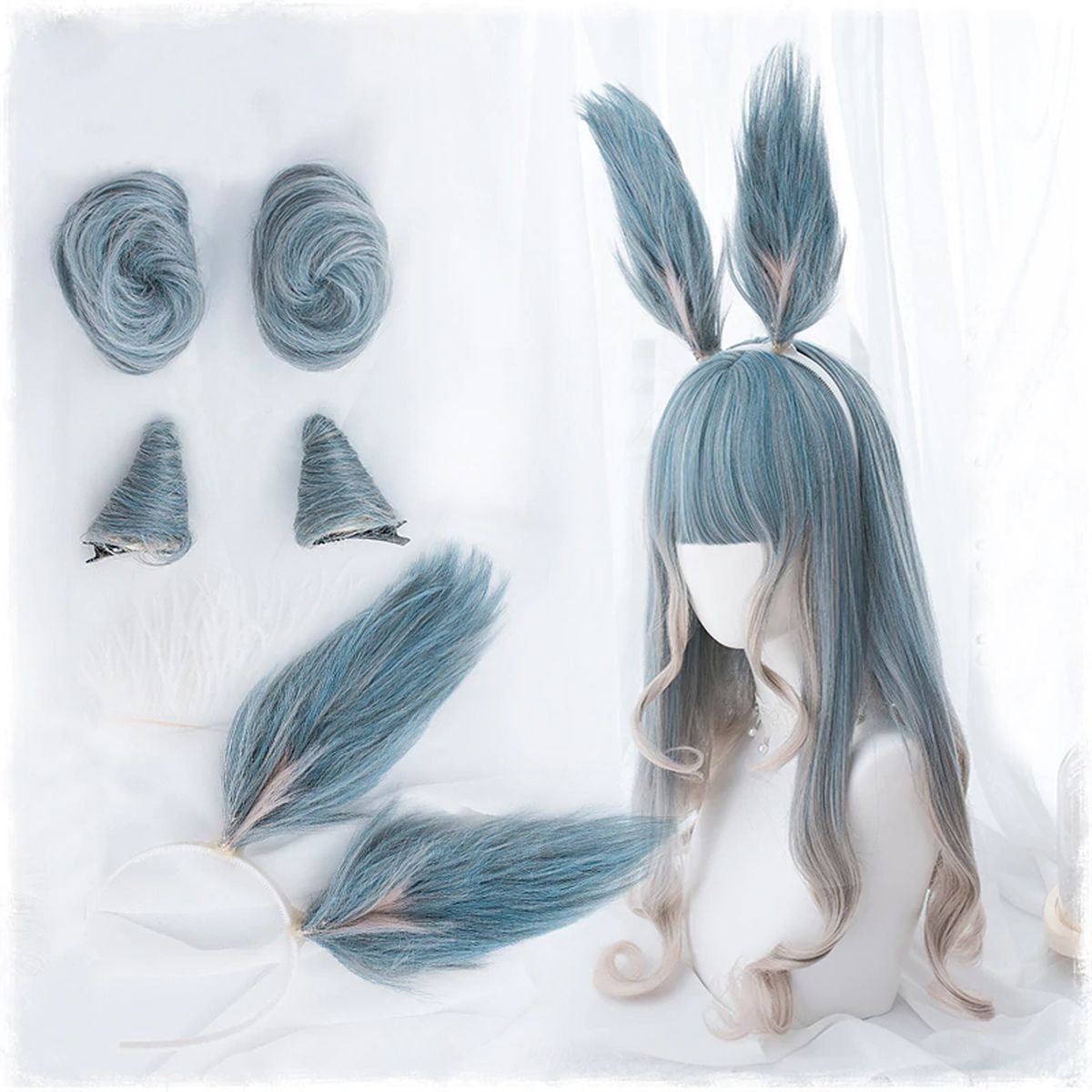 Парик Lolita Harajuku Wig Gradient Blue Mixed Color Cosplay Horns Buns Bunny Ears Sweet Curly Harajuku