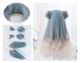 Парик Lolita Harajuku Wig Gradient Blue Mixed Color Cosplay Horns Buns Bunny Ears Sweet Curly Harajuku