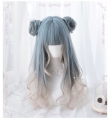 Парик Lolita Harajuku Wig Gradient Blue Mixed Color Cosplay Horns Buns Bunny Ears Sweet Curly Harajuku
