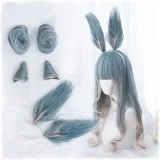 Парик Lolita Harajuku Wig Gradient Blue Mixed Color Cosplay Horns Buns Bunny Ears Sweet Curly Harajuku