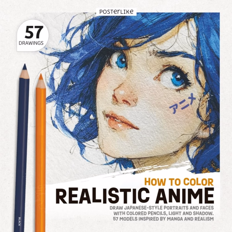 Артбук «How to Color Realistic Anime: Draw Japanese-Style Portraits and Faces with Colored Pencils, Light and Shadow. 57 Models Inspired by Manga and Realism»